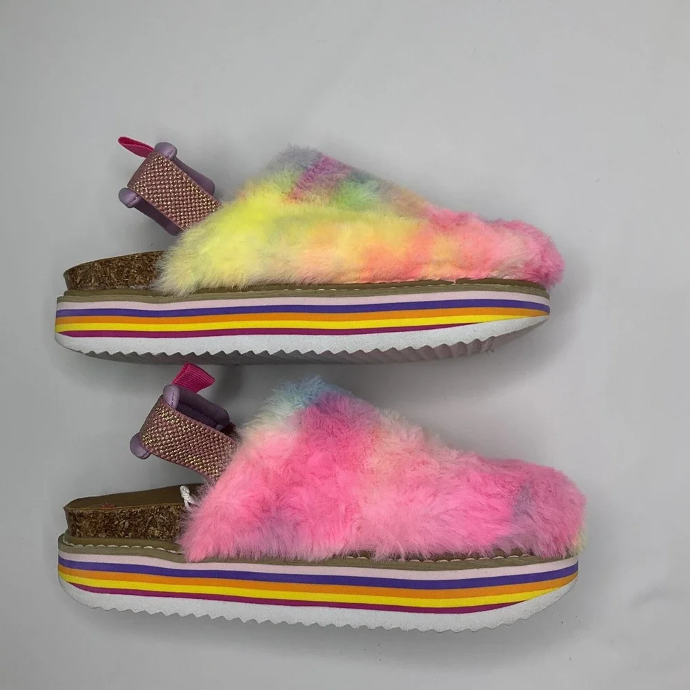 Steve Madden Shoes JKathyy Slippers Platform Faux Fur Mules Rainbow Girls Size 2